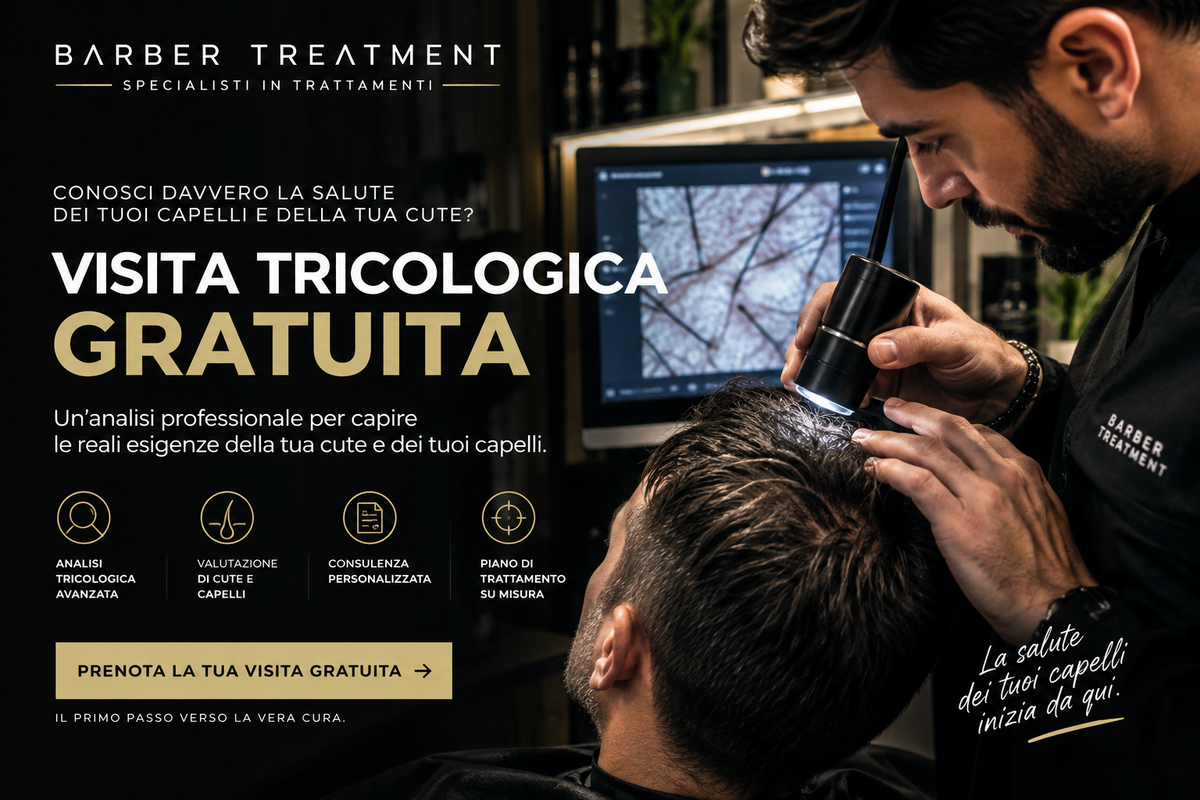 Analisi della cute e dei capelli durante la visita tricologica gratuita presso Barber Treatment a Marano di Napoli.